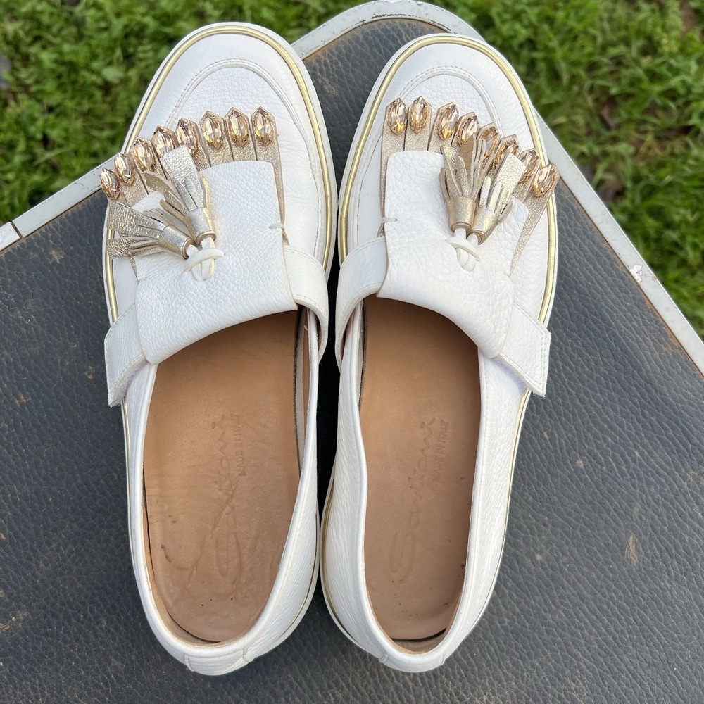 Santoni Womens US 8 EU 38.5 White Leather Loafer Slip On Shoe Strap Jewel - Picture 4 of 13